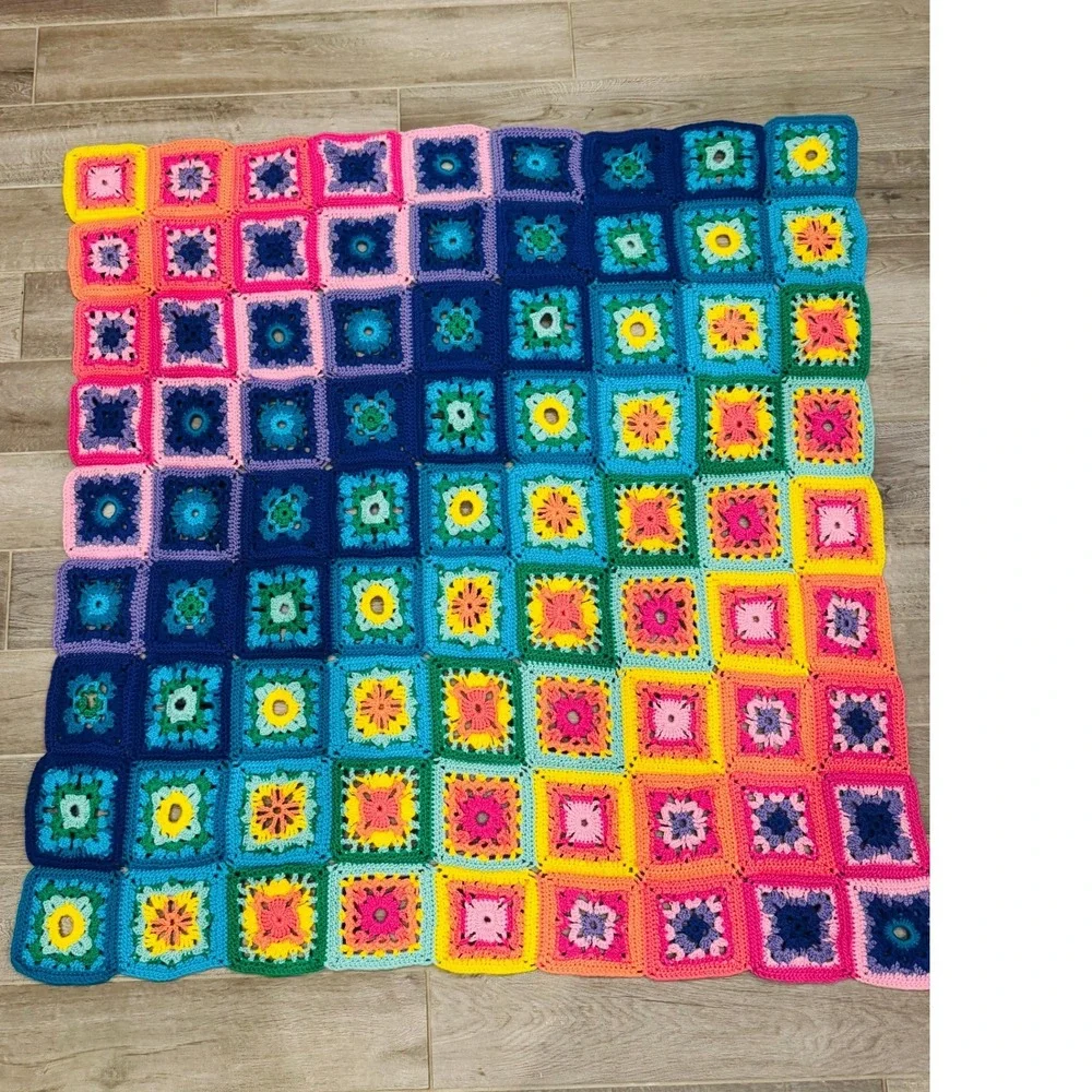 Handmade Crochet Granny Square Throw Blanket Rainbow Ombre Afghan 48x52 Boho